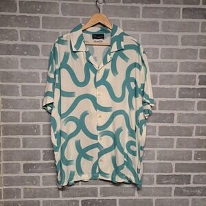 Original Use Womens Abstrac Print Turquoise Button Down Rayon Shirt Size XL